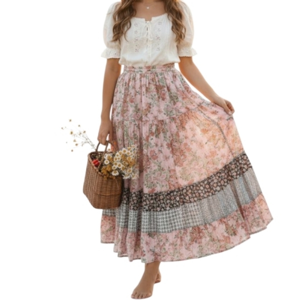 Vintage Kathie Lee Collection Pink Floral Boho Checkered Maxi Skirt M L